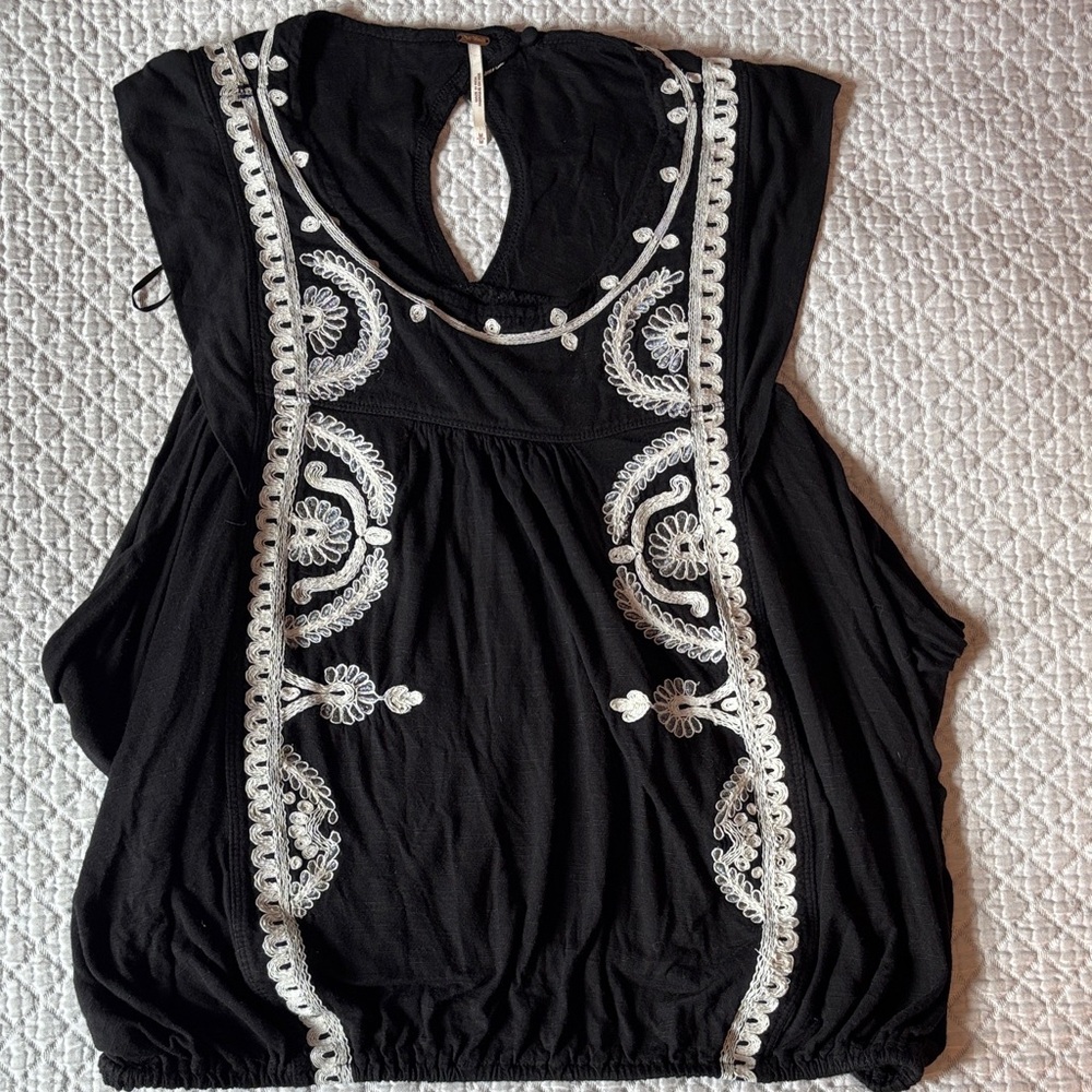 Free People Black Tank Top with White Embroidered Trim